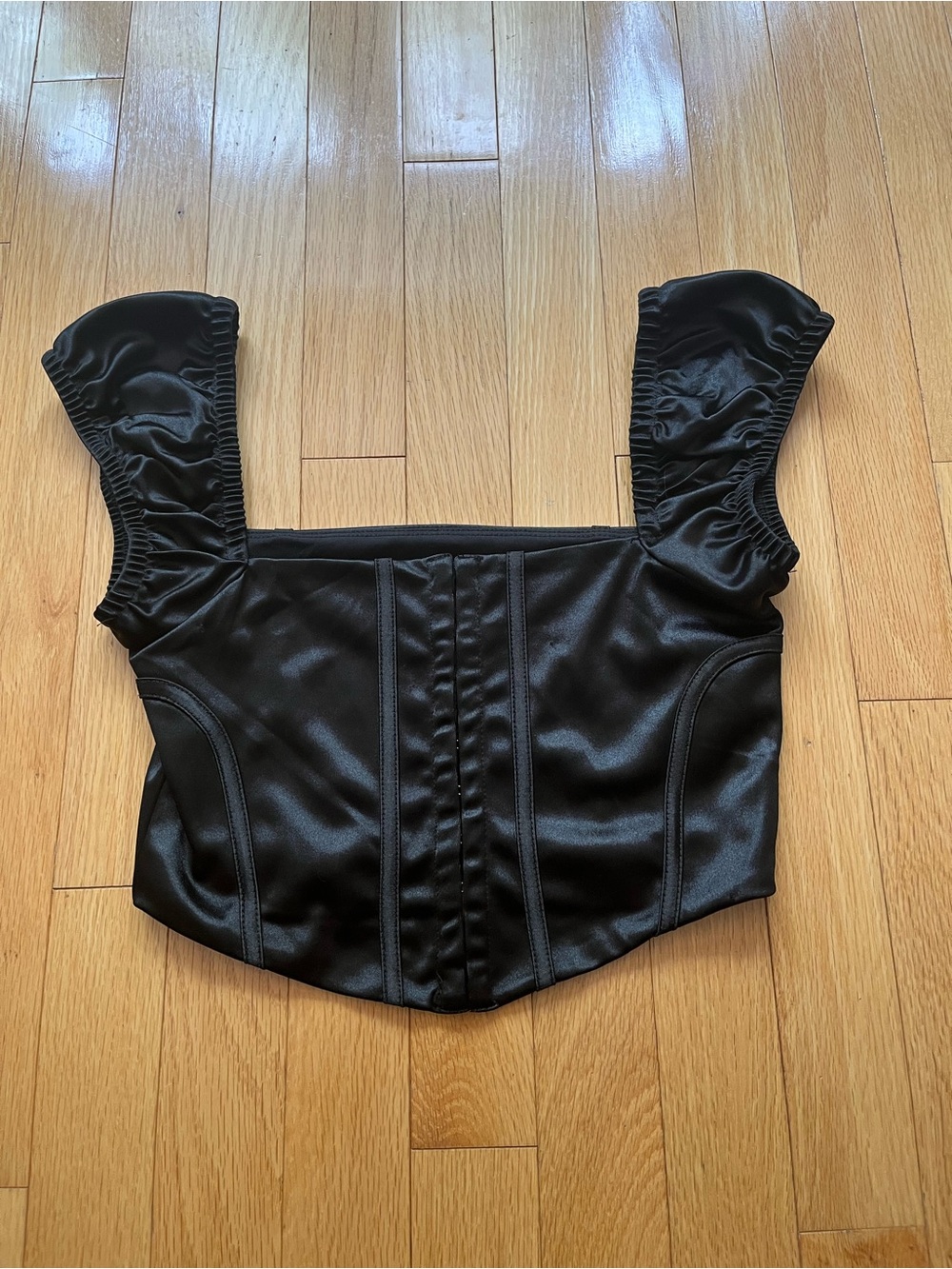 Black Satin Corset-Style Crop Top with Ruched Straps